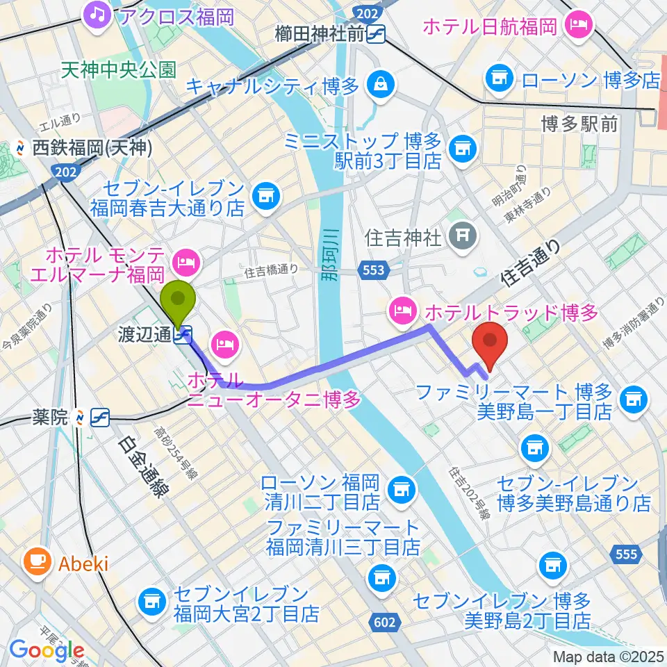 Tune the Voiceの最寄駅渡辺通駅からの徒歩ルート（約15分）地図