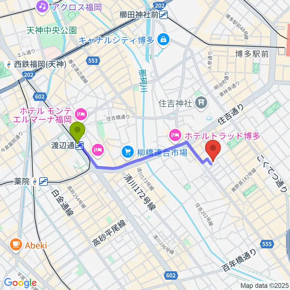 Tune the Voiceの最寄駅渡辺通駅からの徒歩ルート（約15分）地図