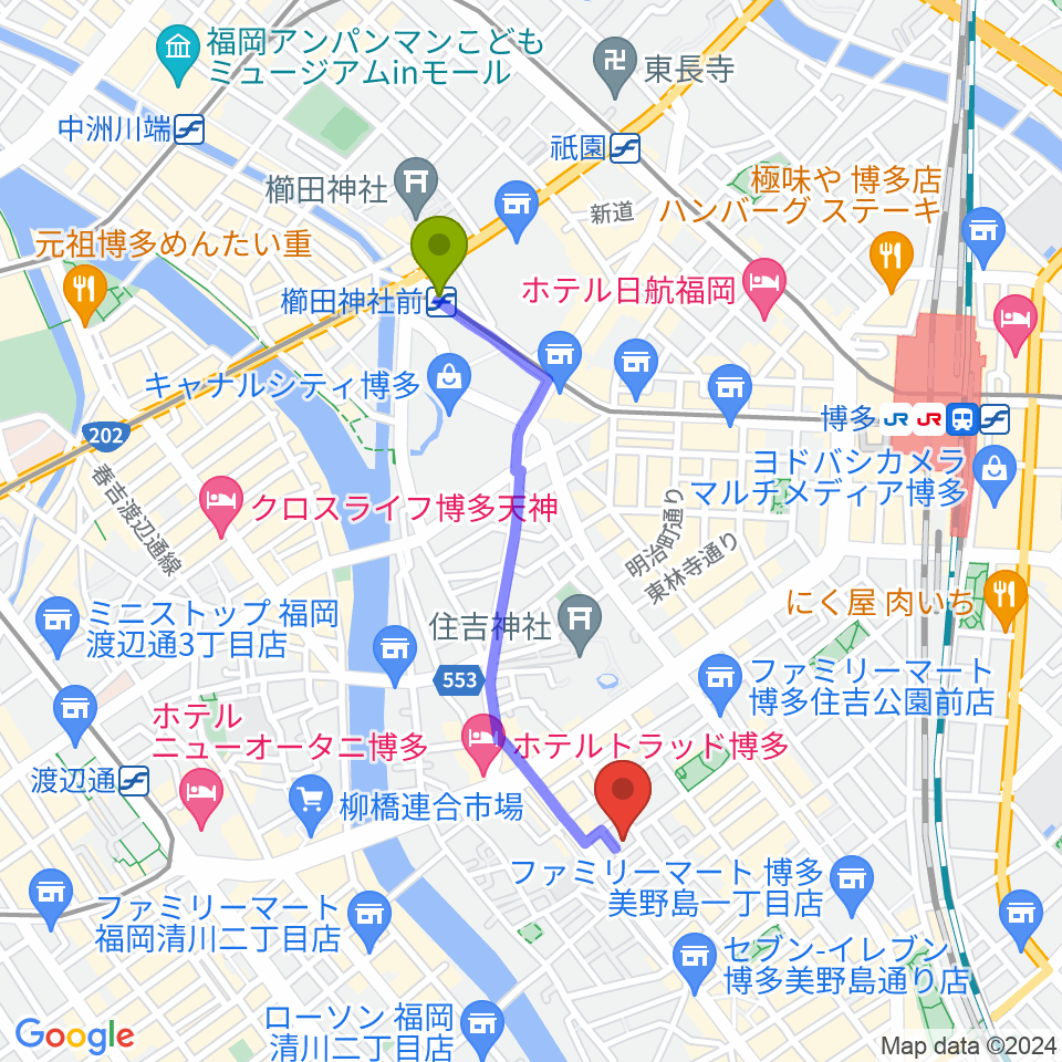 櫛田神社前駅からTune the Voiceへのルートマップ地図