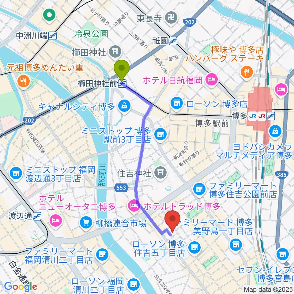 櫛田神社前駅からTune the Voiceへのルートマップ地図