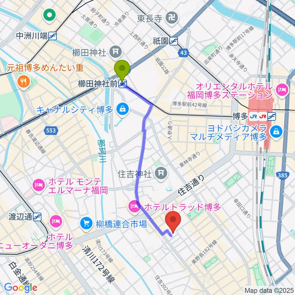櫛田神社前駅からTune the Voiceへのルートマップ地図