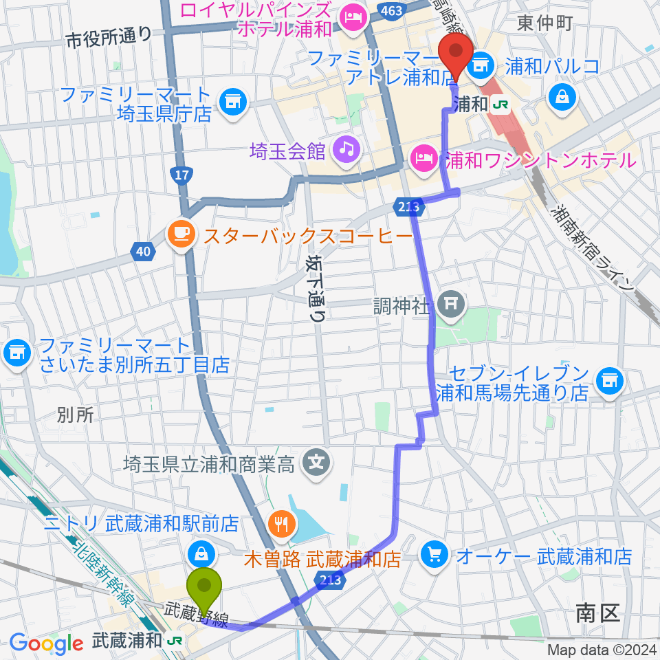 武蔵浦和駅から柏屋楽器 浦和ミュージックプラザへのルートマップ地図