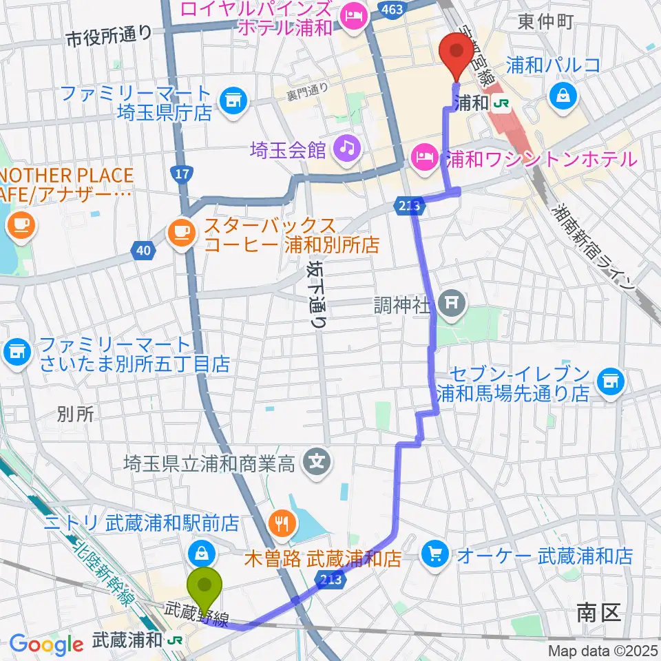 武蔵浦和駅から柏屋楽器本店 浦和ミュージックプラザへのルートマップ地図