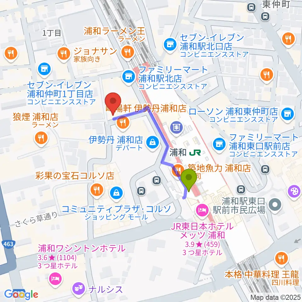 柏屋楽器本店 浦和ミュージックプラザの最寄駅浦和駅からの徒歩ルート（約3分）地図