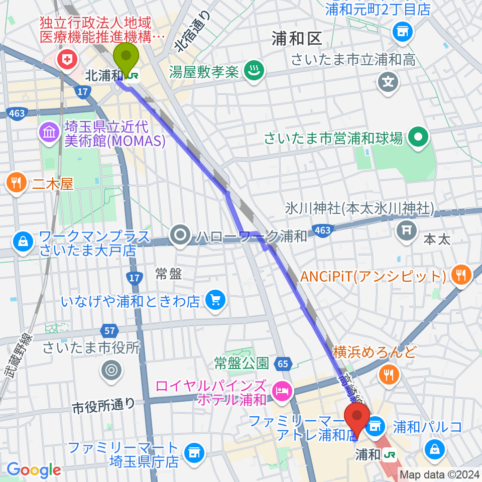 北浦和駅から柏屋楽器 浦和ミュージックプラザへのルートマップ地図