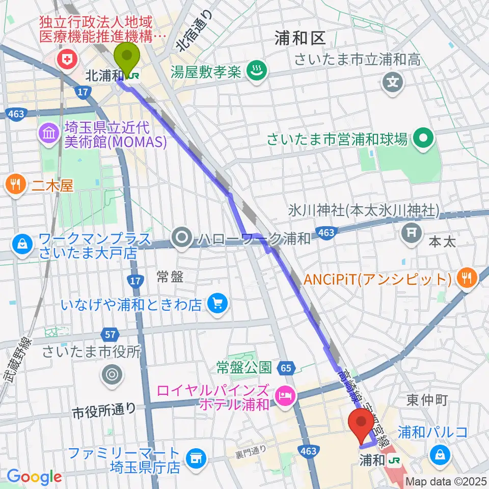 北浦和駅から柏屋楽器本店 浦和ミュージックプラザへのルートマップ地図