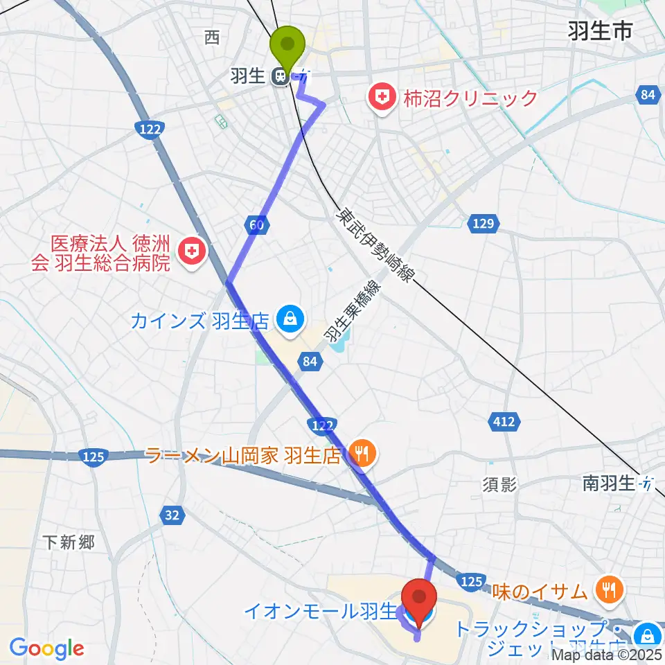羽生駅からJEUGIAカルチャーセンター イオンモール羽生へのルートマップ地図
