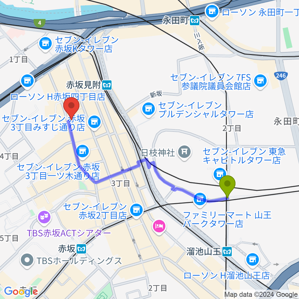 溜池山王駅から赤坂カーサクラシカへのルートマップ地図