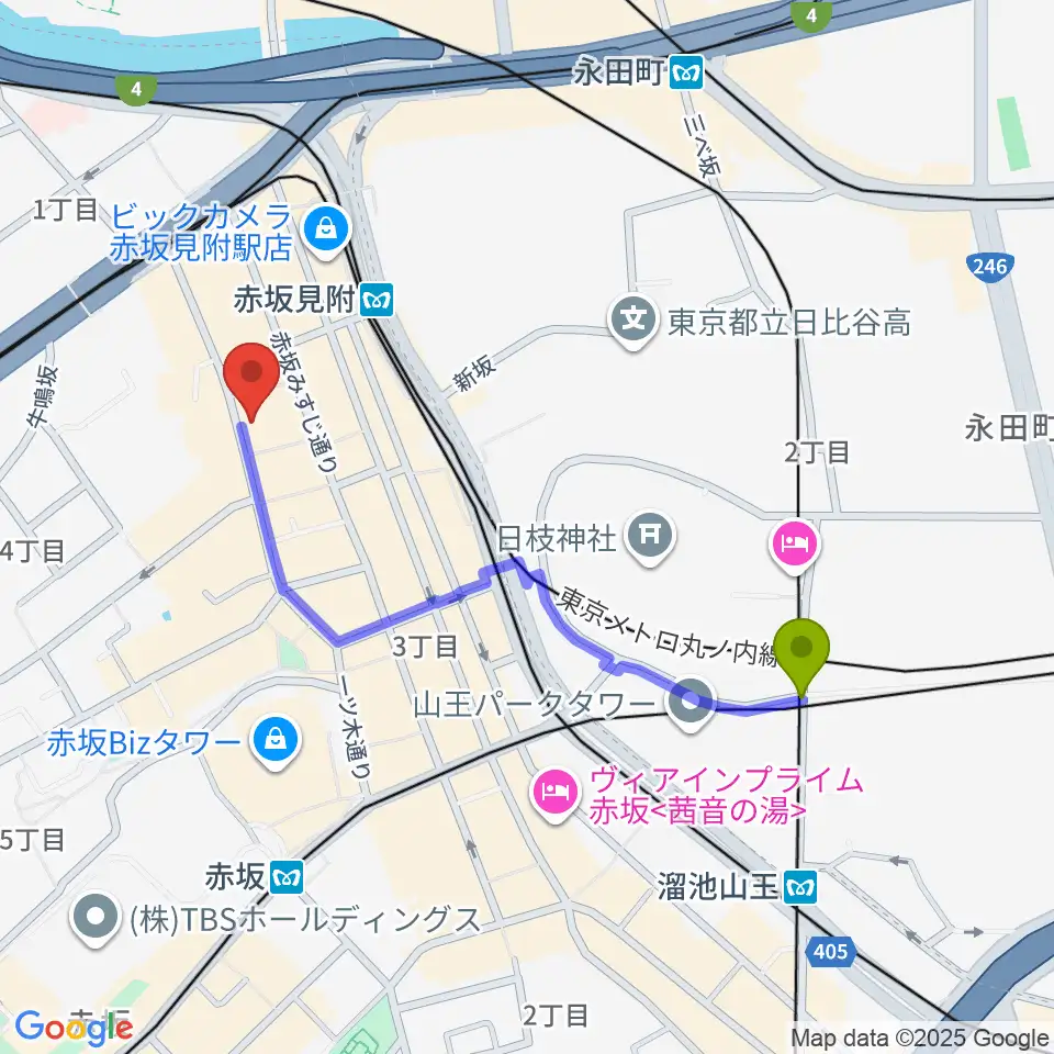 溜池山王駅から赤坂カーサクラシカへのルートマップ地図
