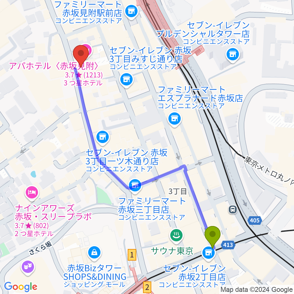 赤坂駅から赤坂カーサクラシカへのルートマップ地図