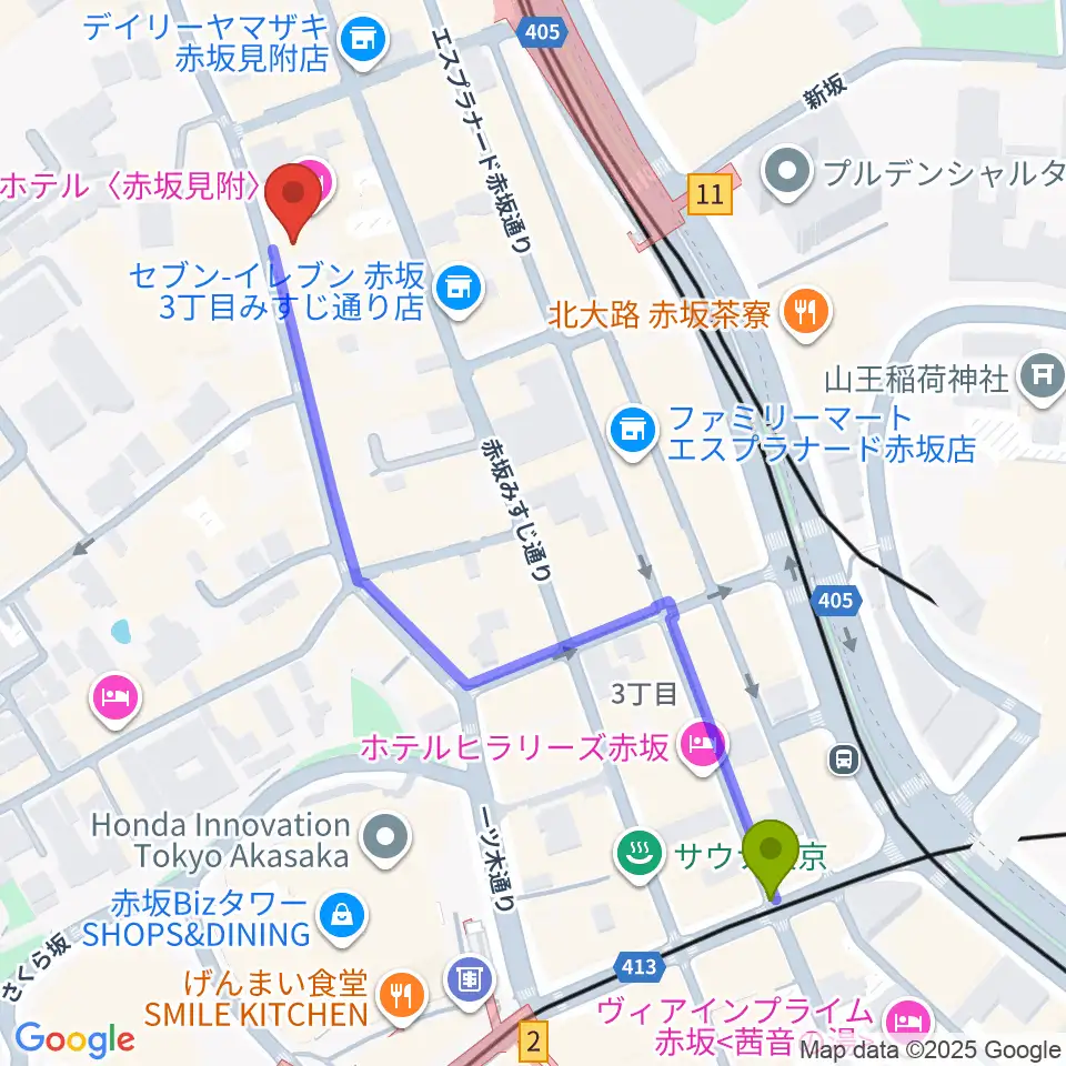 赤坂駅から赤坂カーサクラシカへのルートマップ地図