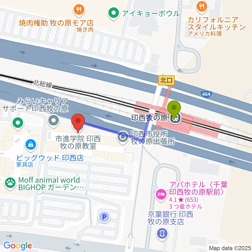 JEUGIAカルチャーセンター BIGHOP印西の最寄駅印西牧の原駅からの徒歩ルート（約3分）地図
