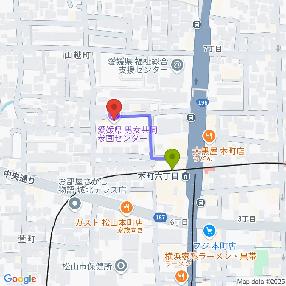 愛媛県男女共同参画センターの最寄駅本町六丁目駅からの徒歩ルート（約2分）地図