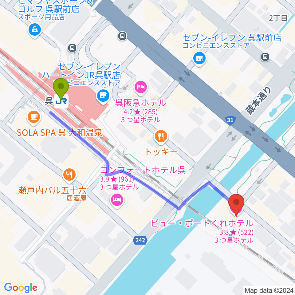 ビューポートくれの最寄駅呉駅からの徒歩ルート（約6分）地図