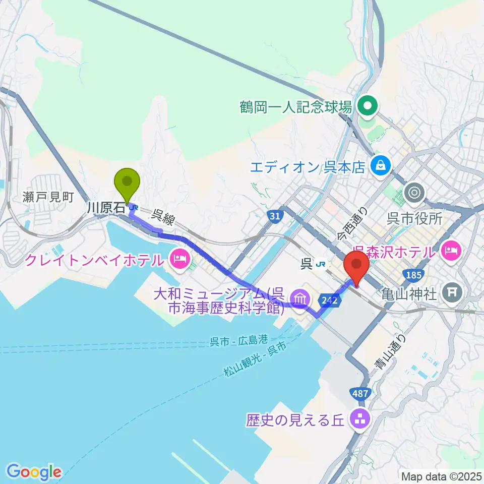 川原石駅からビューポートくれへのルートマップ地図