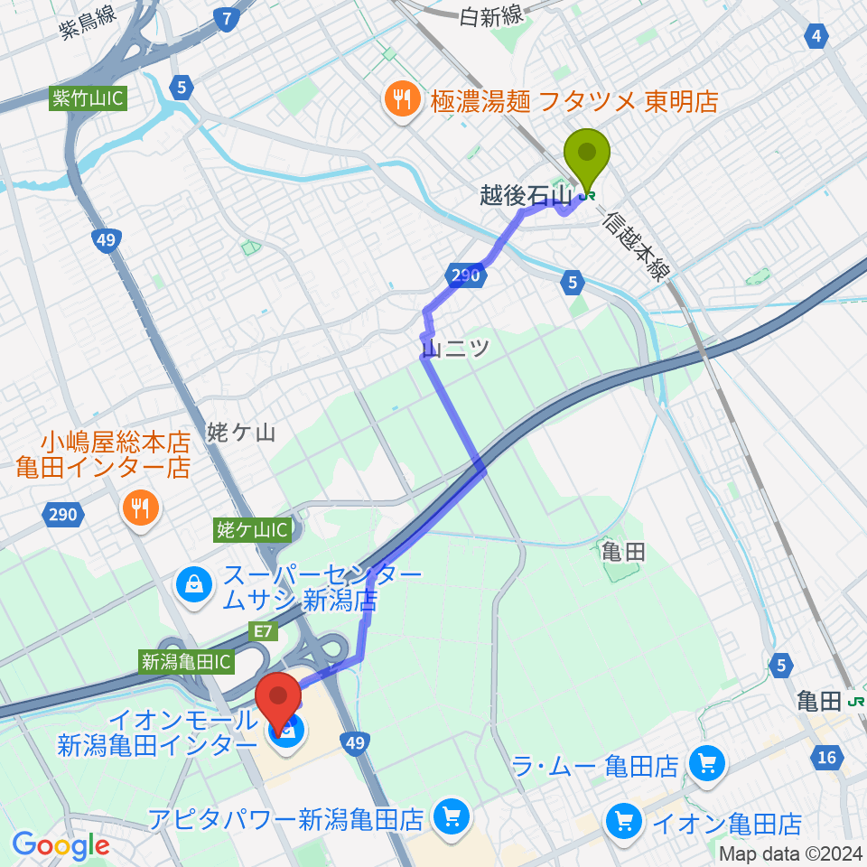 越後石山駅からタワーレコード 新潟店へのルートマップ地図