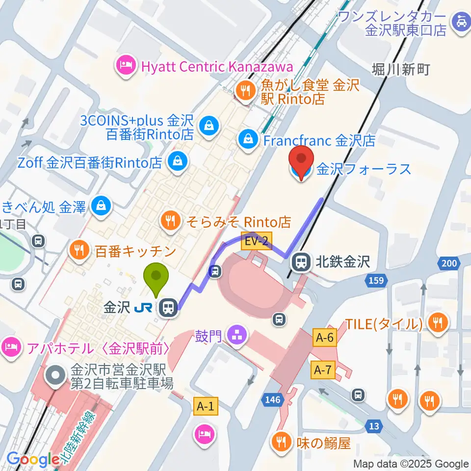 タワーレコード金沢フォーラス店の最寄駅金沢駅からの徒歩ルート（約3分）地図
