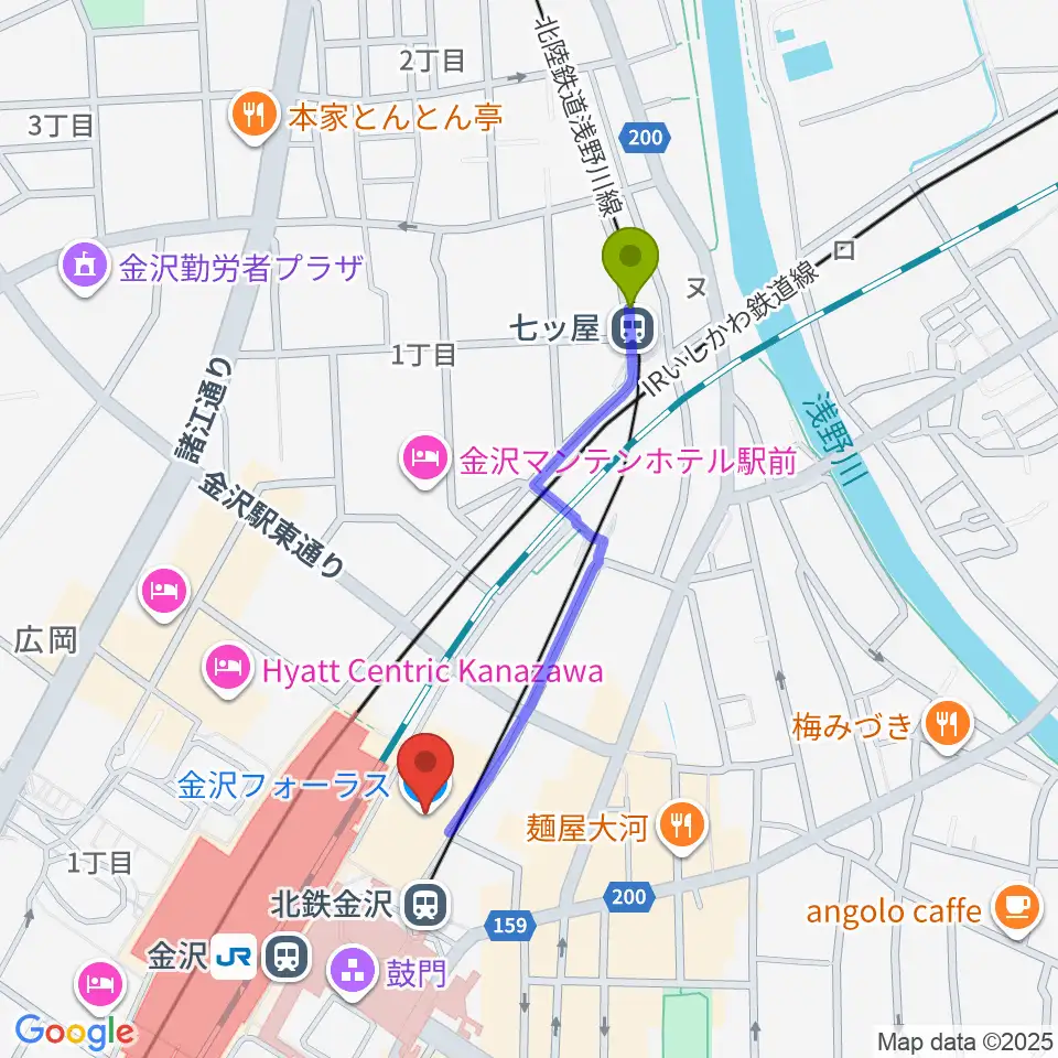 七ツ屋駅からタワーレコード金沢フォーラス店へのルートマップ地図