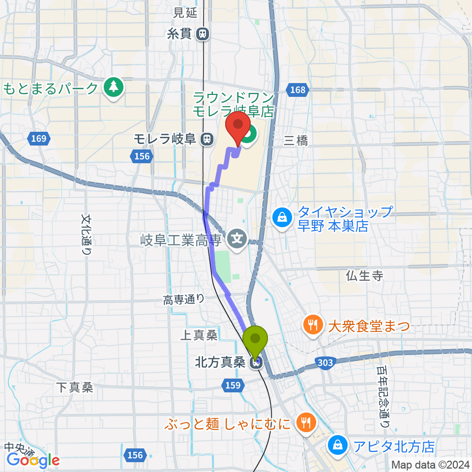 北方真桑駅からタワーレコード モレラ岐阜店へのルートマップ地図