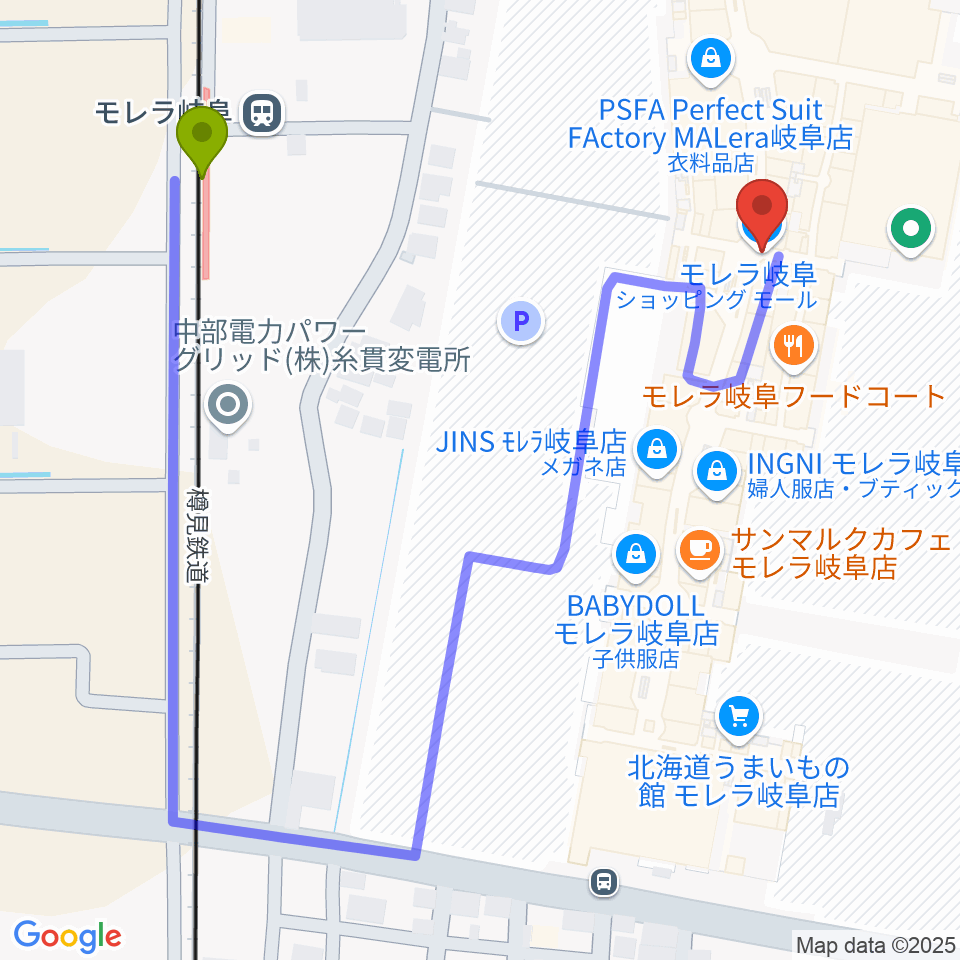 タワーレコード モレラ岐阜店の最寄駅モレラ岐阜駅からの徒歩ルート（約5分）地図