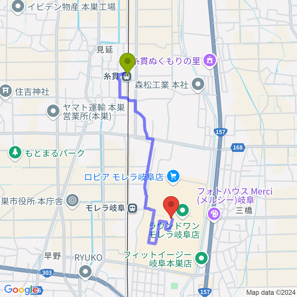 糸貫駅からタワーレコード モレラ岐阜店へのルートマップ地図