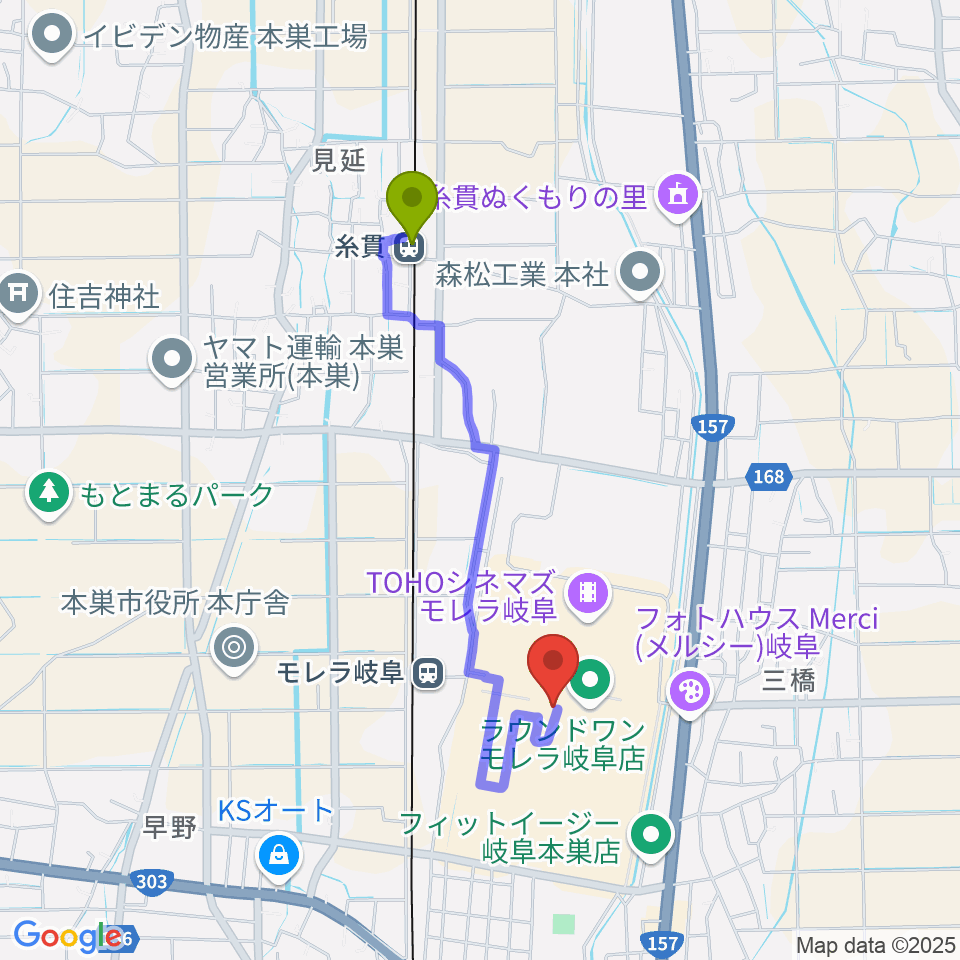 糸貫駅からタワーレコード モレラ岐阜店へのルートマップ地図