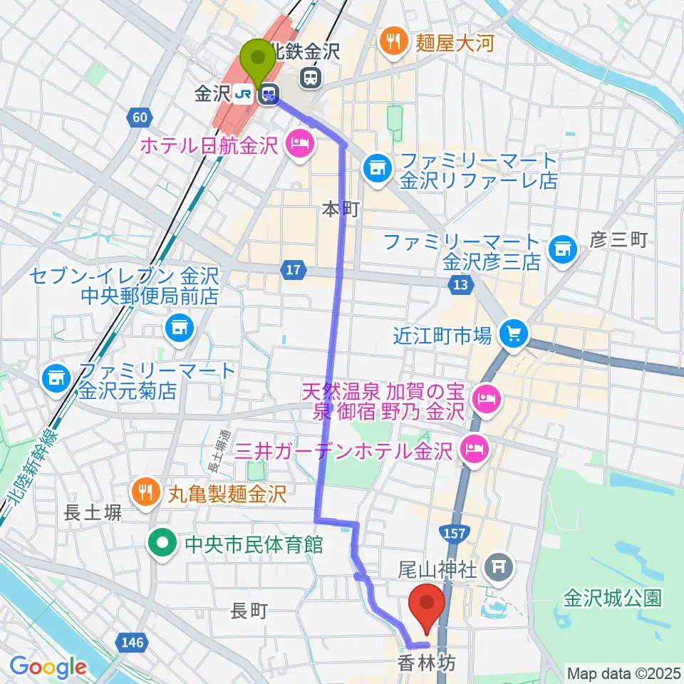 金沢駅から北國新聞文化センター 金沢本部教室へのルートマップ地図