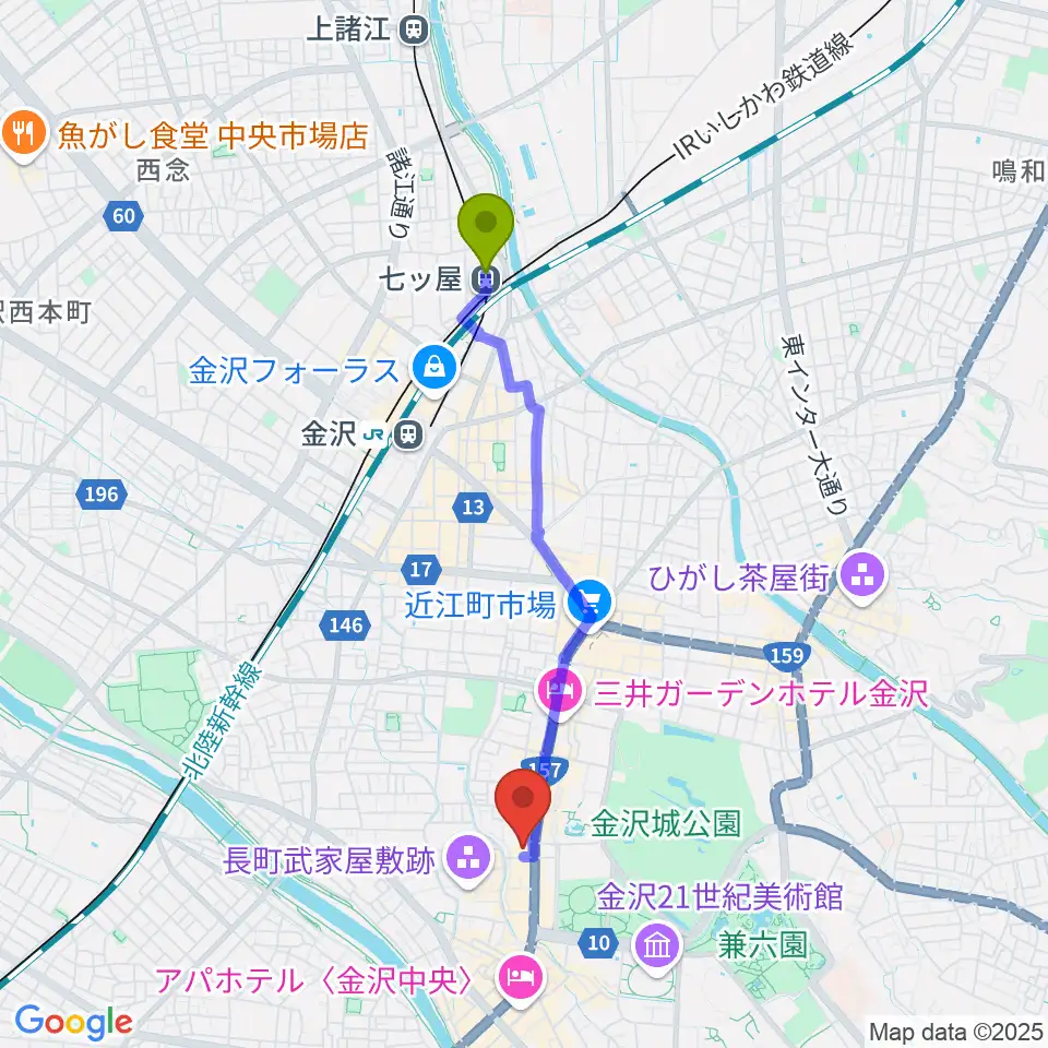 七ツ屋駅から北國新聞文化センター 金沢本部教室へのルートマップ地図