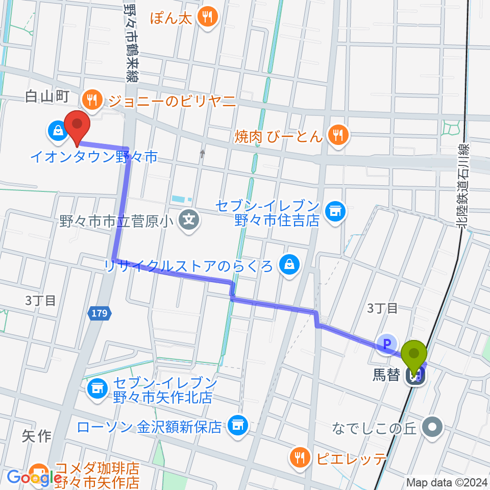 北國新聞文化センター イオンタウン野々市スタジオの最寄駅馬替駅からの徒歩ルート（約13分）地図