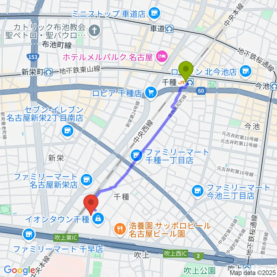 千種駅からJEUGIAカルチャーセンター イオンタウン千種へのルートマップ地図