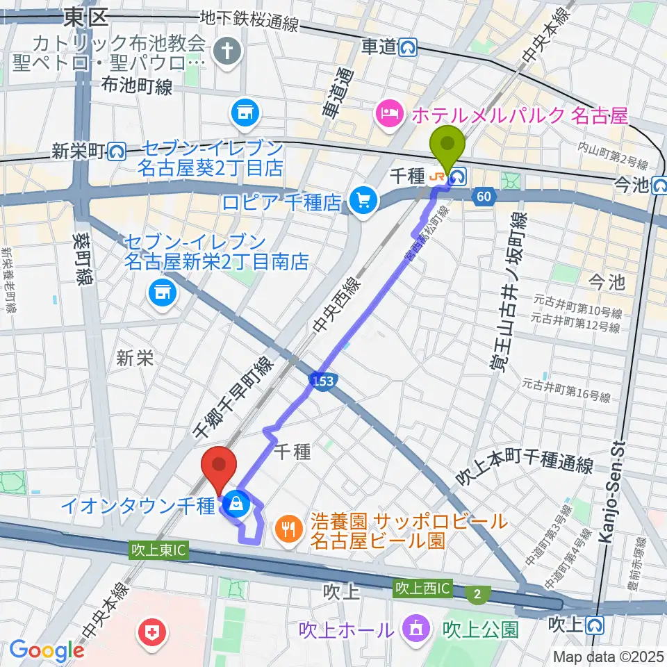 千種駅からJEUGIAカルチャーセンター イオンタウン千種へのルートマップ地図