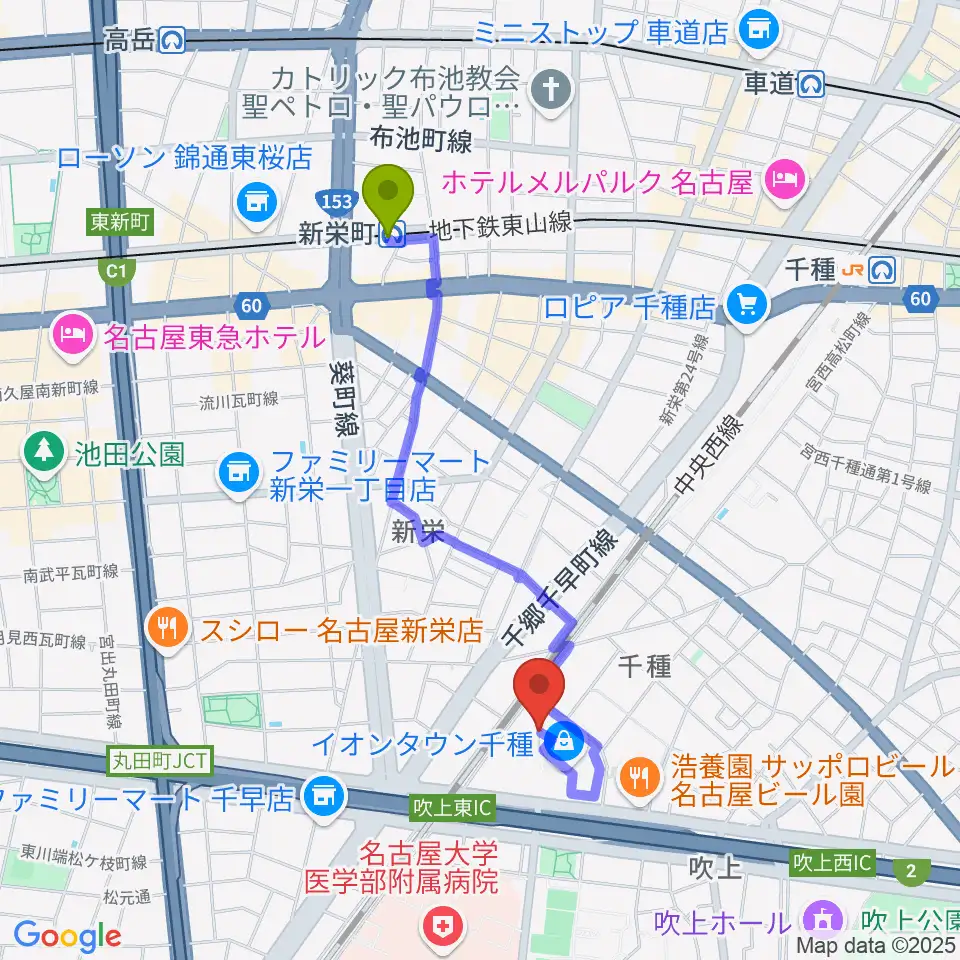 新栄町駅からJEUGIAカルチャーセンター イオンタウン千種へのルートマップ地図