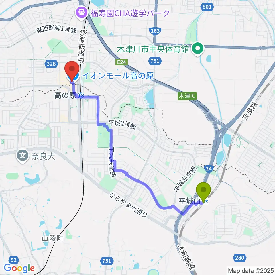 平城山駅からJEUGIAカルチャーセンター イオンモール高の原へのルートマップ地図