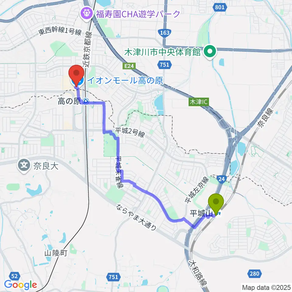 平城山駅からJEUGIAカルチャーセンター イオンモール高の原へのルートマップ地図