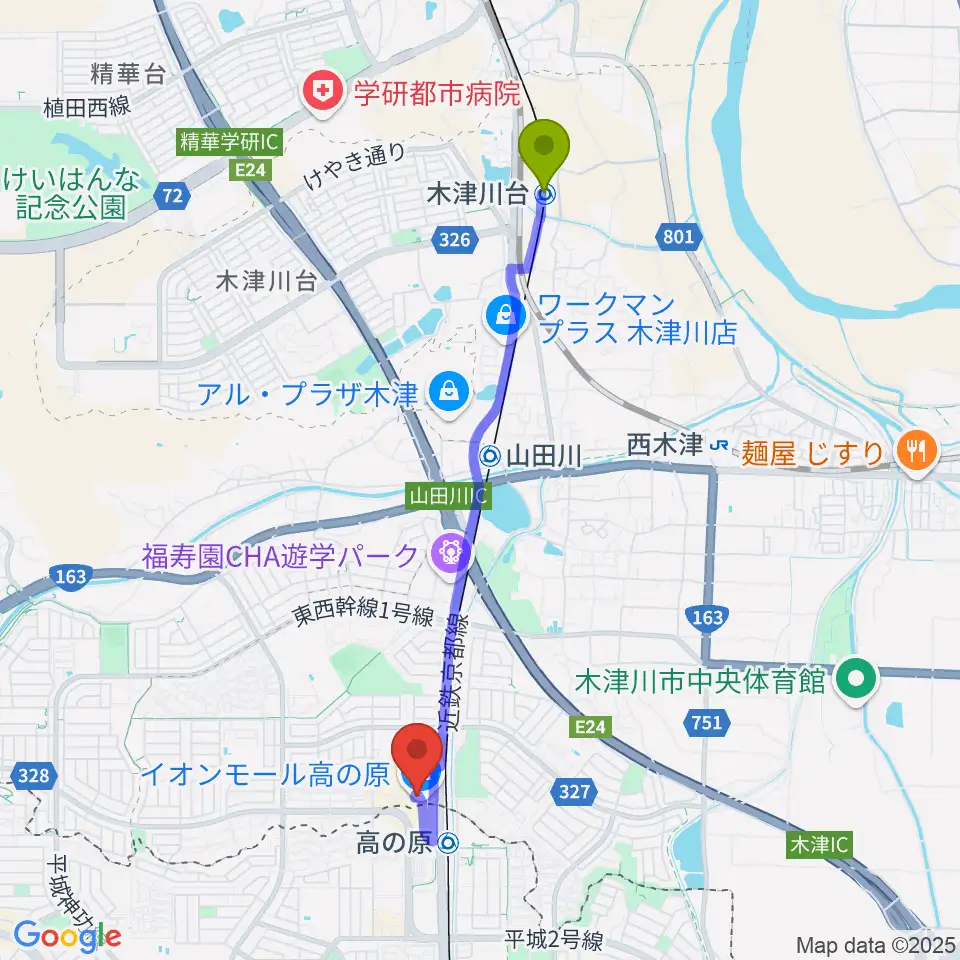 木津川台駅からJEUGIAカルチャーセンター イオンモール高の原へのルートマップ地図