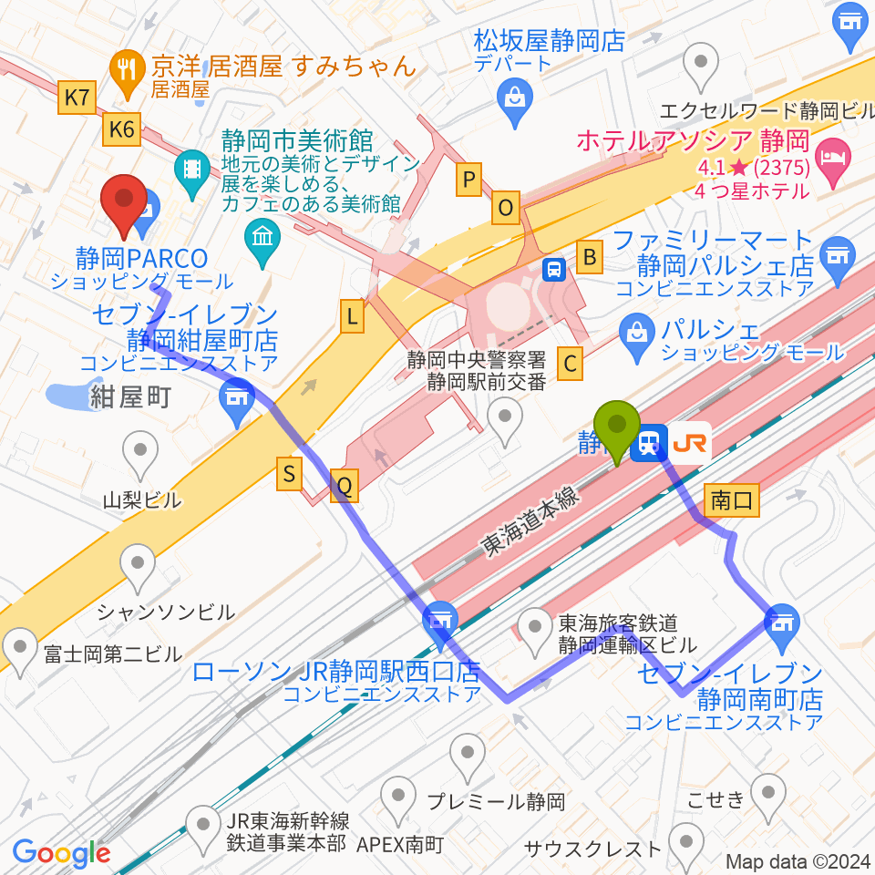 タワーレコード静岡店の最寄駅静岡駅からの徒歩ルート（約5分）地図
