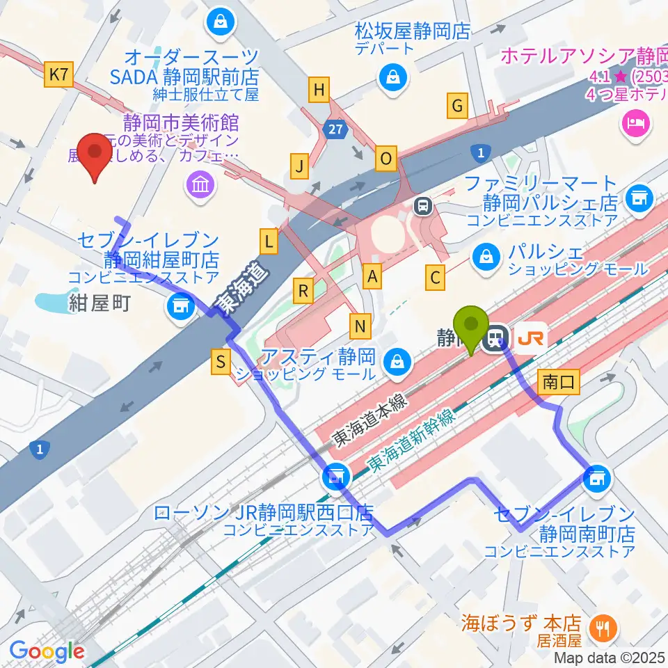 タワーレコード静岡店の最寄駅静岡駅からの徒歩ルート（約5分）地図