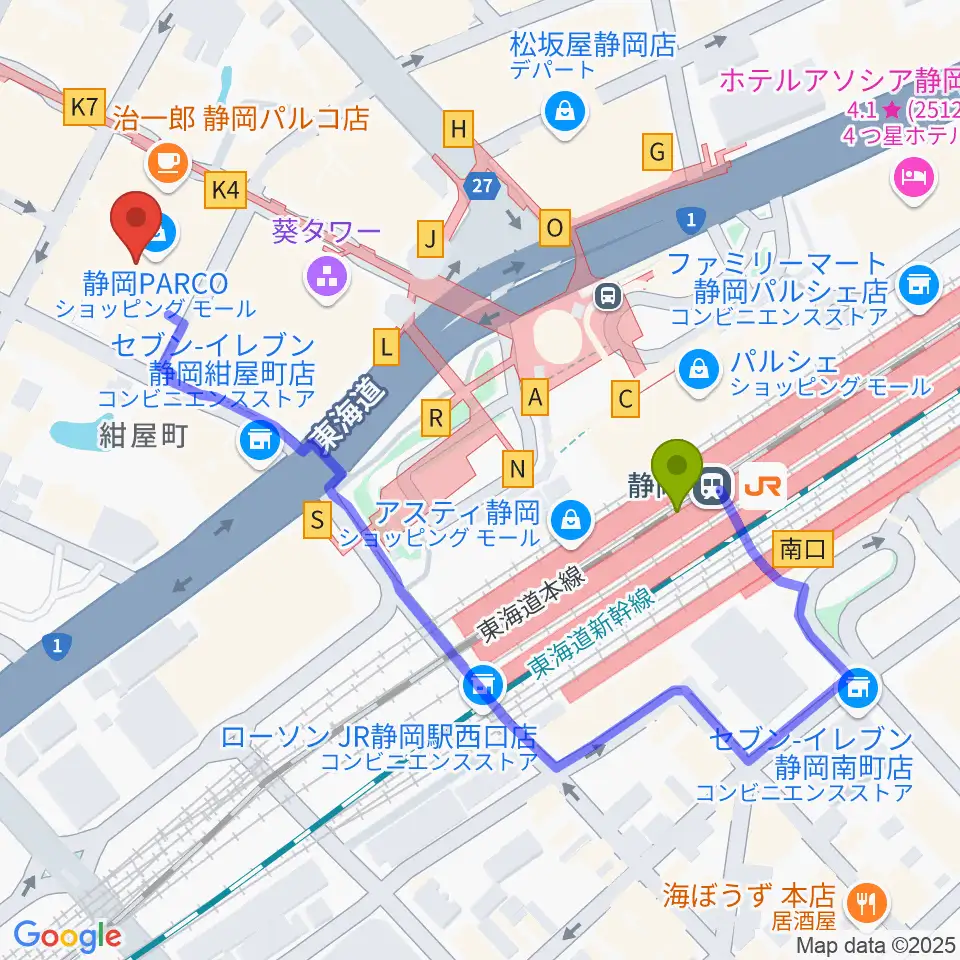 タワーレコード静岡店の最寄駅静岡駅からの徒歩ルート（約5分）地図