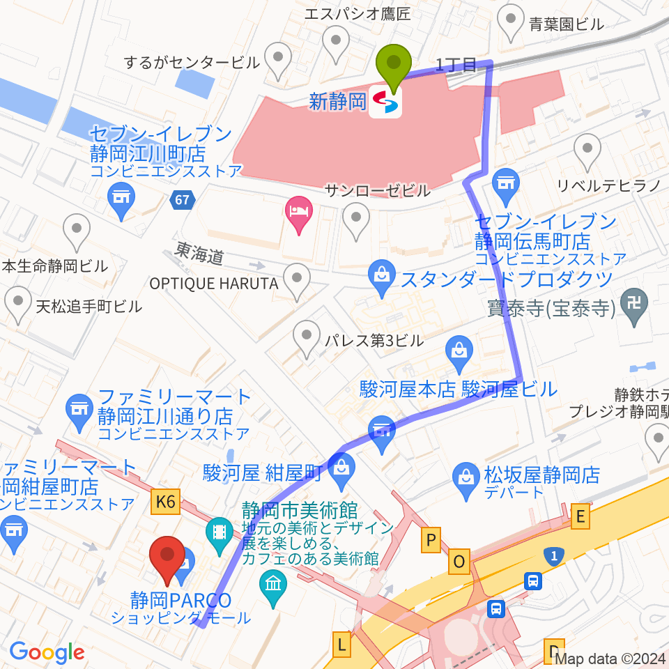 新静岡駅からタワーレコード静岡店へのルートマップ地図