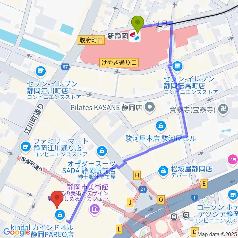新静岡駅からタワーレコード静岡店へのルートマップ地図