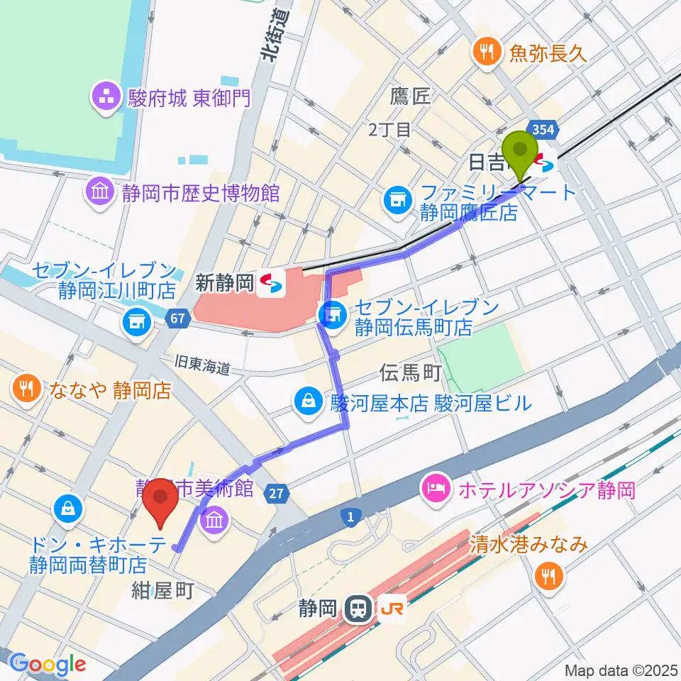 日吉町駅からタワーレコード静岡店へのルートマップ地図