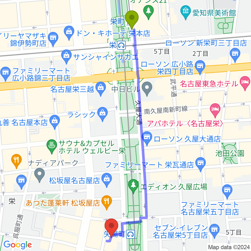 栄町駅からタワーレコード名古屋パルコ店へのルートマップ地図