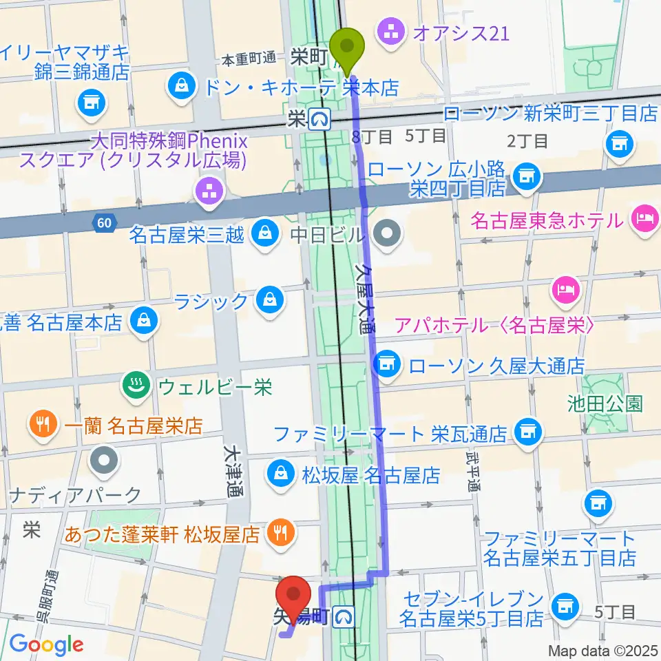 栄町駅からタワーレコード名古屋パルコ店へのルートマップ地図