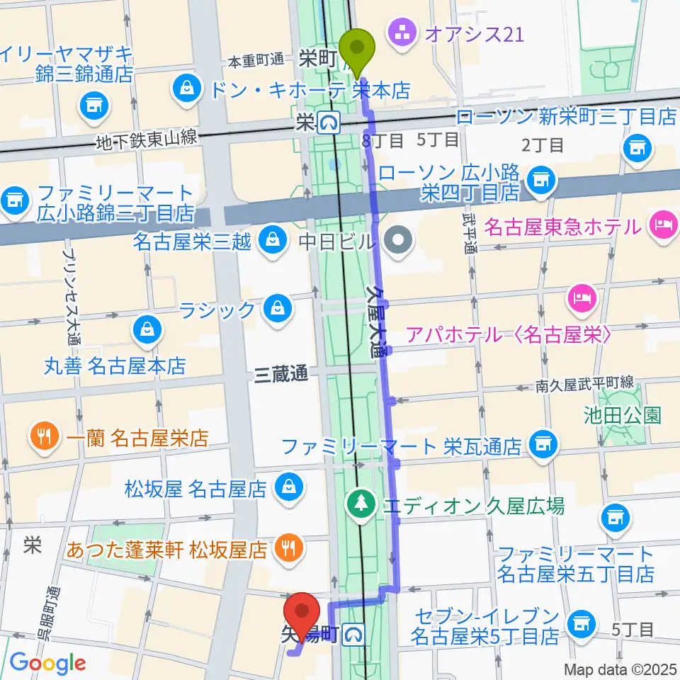 栄町駅からタワーレコード名古屋パルコ店へのルートマップ地図