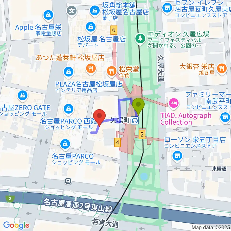 タワーレコード名古屋パルコ店の最寄駅矢場町駅からの徒歩ルート（約1分）地図