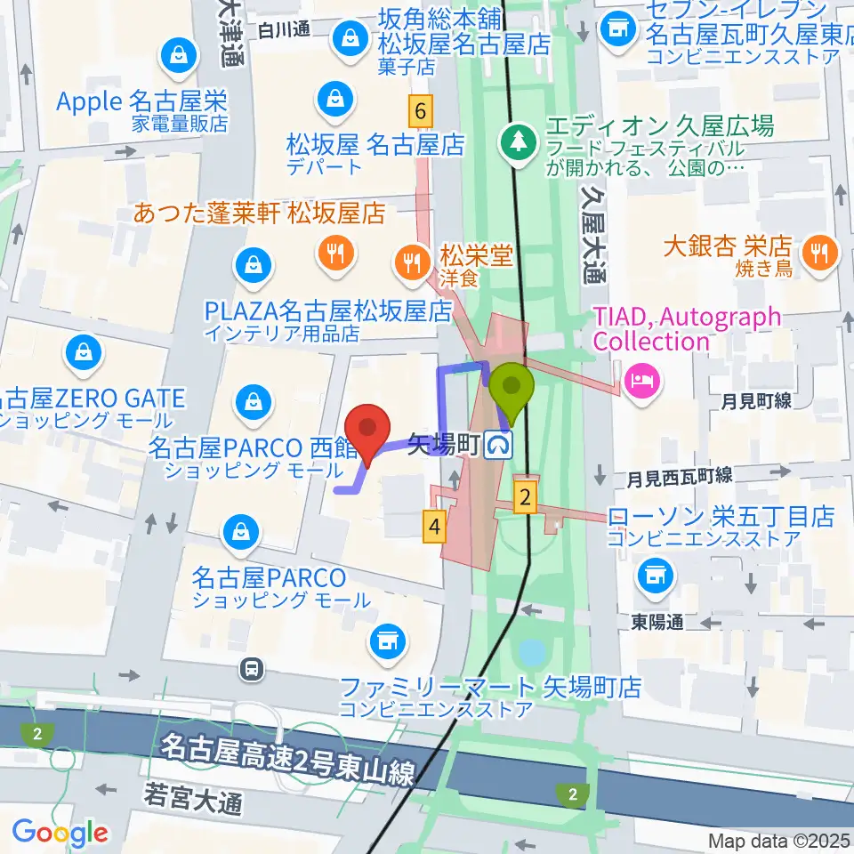 タワーレコード名古屋パルコ店の最寄駅矢場町駅からの徒歩ルート（約1分）地図