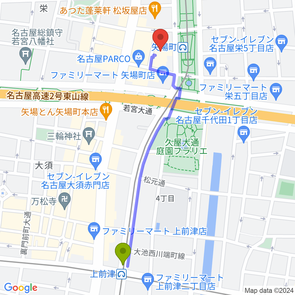 上前津駅からタワーレコード名古屋パルコ店へのルートマップ地図