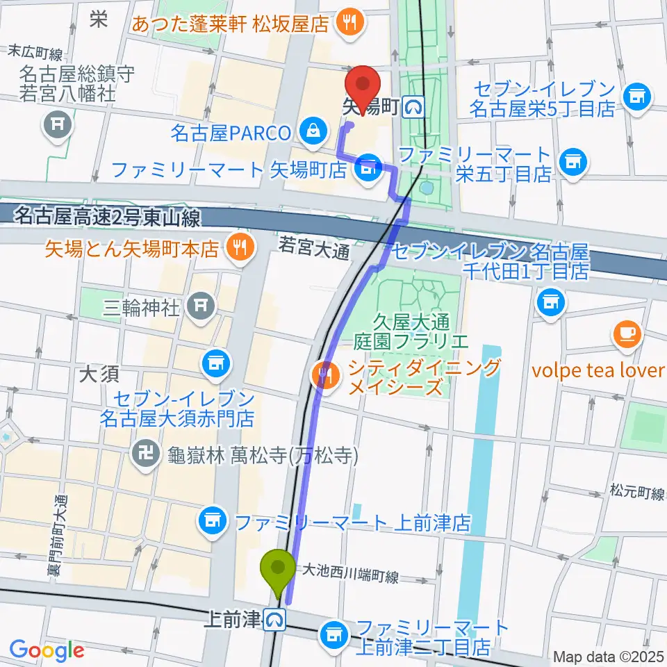 上前津駅からタワーレコード名古屋パルコ店へのルートマップ地図