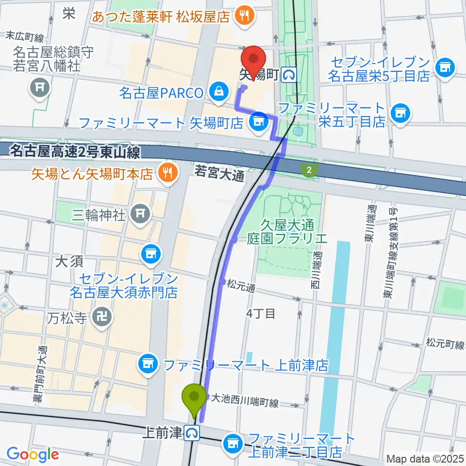 上前津駅からタワーレコード名古屋パルコ店へのルートマップ地図