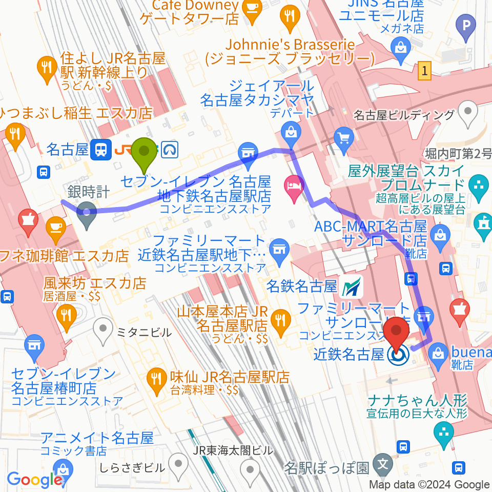 タワーレコード名古屋近鉄パッセ店の最寄駅名古屋駅からの徒歩ルート（約5分）地図